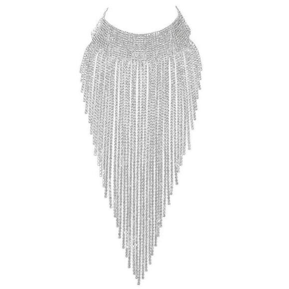 Long SIlver Crystal Rhinestone Adjustable Bib Collar Choker Party Necklace - Picture 1 of 7